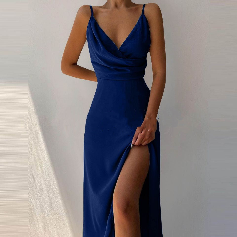 Women’s V-Neck Slit Sling Dress |Slim Suspender Summer Dress | Elegant Backless Side-Slit Maxi Dress | Trendy Minimalist Spaghetti Strap Sun Dress | 2026 High-Fashion Vacation & Party Wear