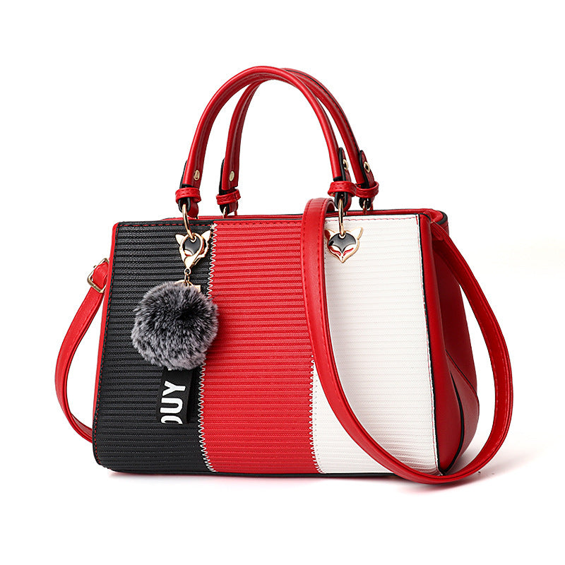 Women’s Patchwork Handbag with Hairball Ornament | Elegant Contrast Crossbody Bag | Luxury Ladies Messenger Shoulder Bag | Trendy Party Purse with Fluffy Charm | 2026 High-Fashion Multi-Texture Tote