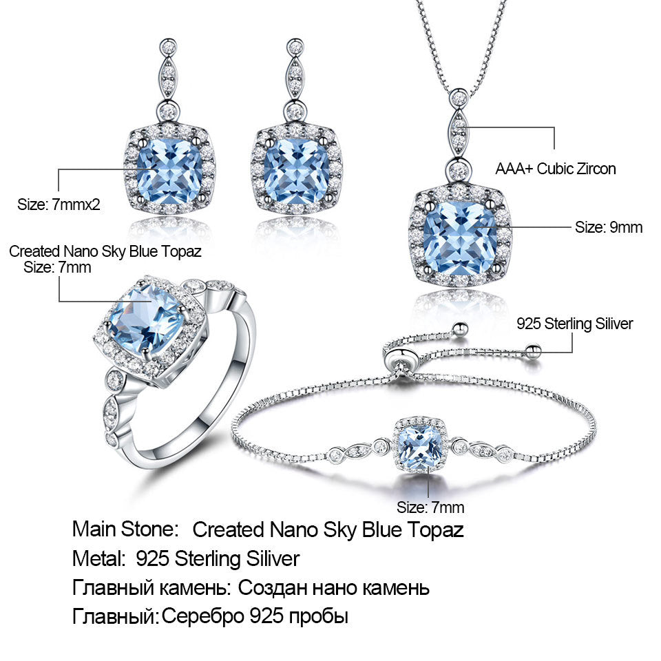 4-Piece Sky Blue Topaz Jewelry Set | 925 Sterling Silver Necklace, Earrings, Ring & Bracelet | Luxurious Gemstone Bridal Set for Women