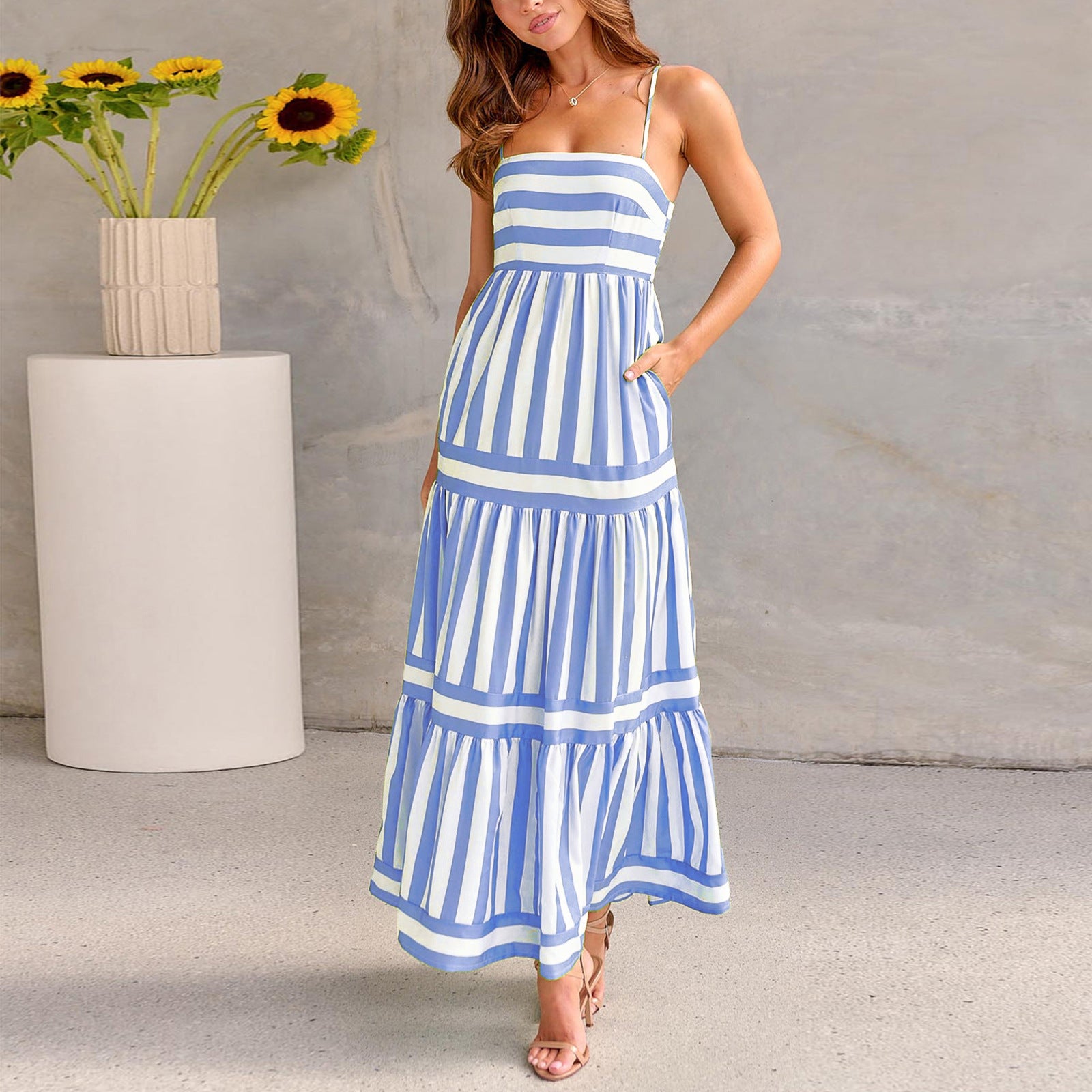 Summer Striped Suspender Maxi Dress | High-Sense Backless Beach Vacation Gown | Trendy Minimalist Square Neck Dress with Pockets | Luxury-Label Statuesque Radiant Apparel | 2026 High-Fashion Emerald-Luxe Essential
