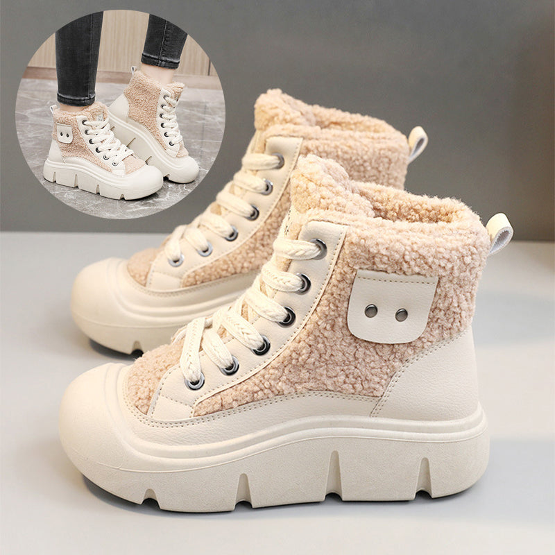 Women’s High-Top Cashmere Snow Boots | Winter Warm Lace-Up Flat Shoes | Height-Increasing Streetwear Winter Boots | Fashionable Campus Style Warm Sneakers