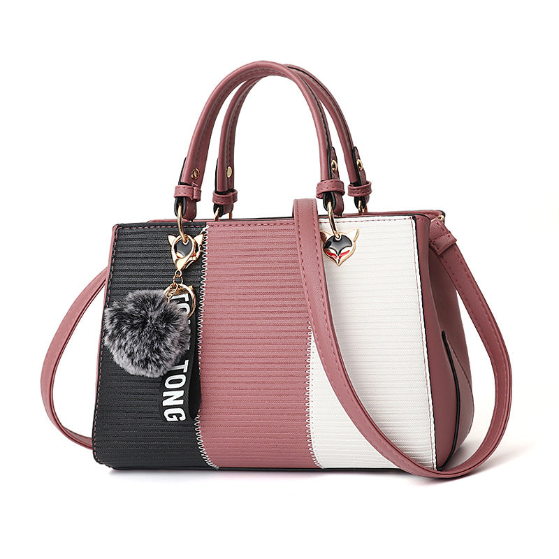 Women’s Patchwork Handbag with Hairball Ornament | Elegant Contrast Crossbody Bag | Luxury Ladies Messenger Shoulder Bag | Trendy Party Purse with Fluffy Charm | 2026 High-Fashion Multi-Texture Tote