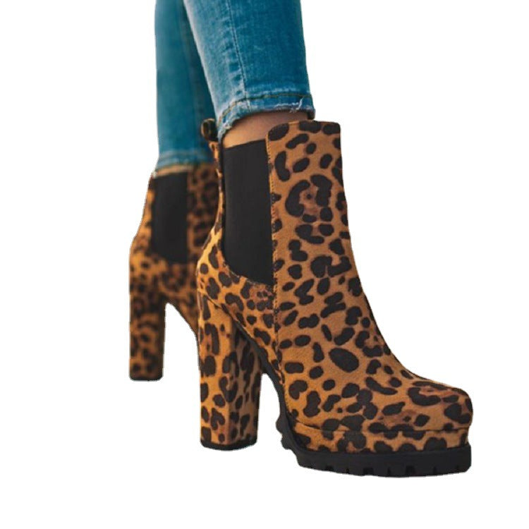 Women’s Round-Toe Ankle Boots | Solid & Leopard Print Suede Boots | High-Sense Thick Square High-Heel Shoes | Trendy Minimalist Autumn Winter Dress Boots | 2026 High-Fashion Chunky Heel Party Boots