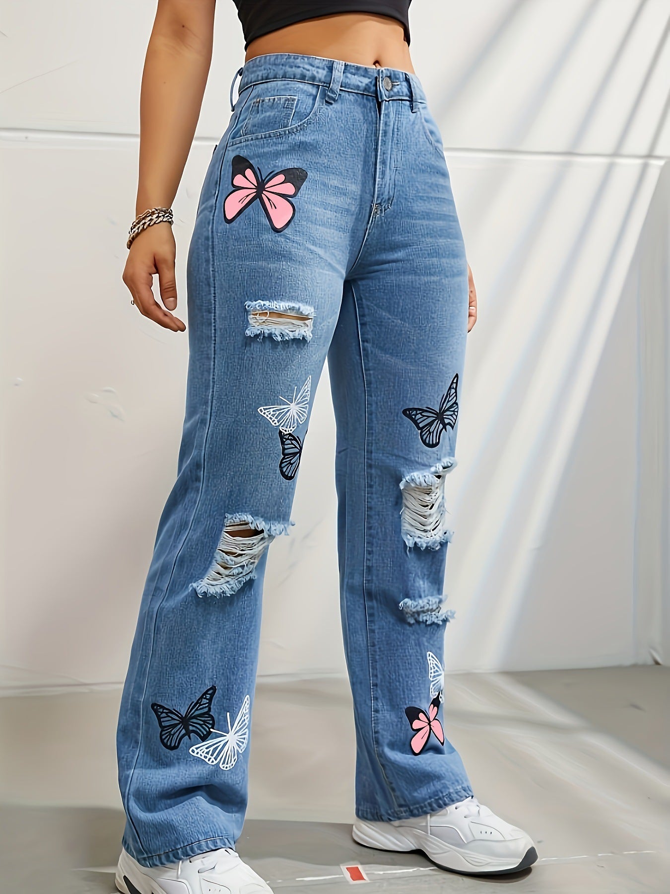 Women’s High-Waisted Butterfly Print Straight Leg Jeans | High-Sense Ripped Distressed Denim | Trendy Minimalist Butterfly Motif Pants | Luxury-Label Statuesque Radiant Urban Wear | 2026 High-Fashion Botanical-Luxe Essential