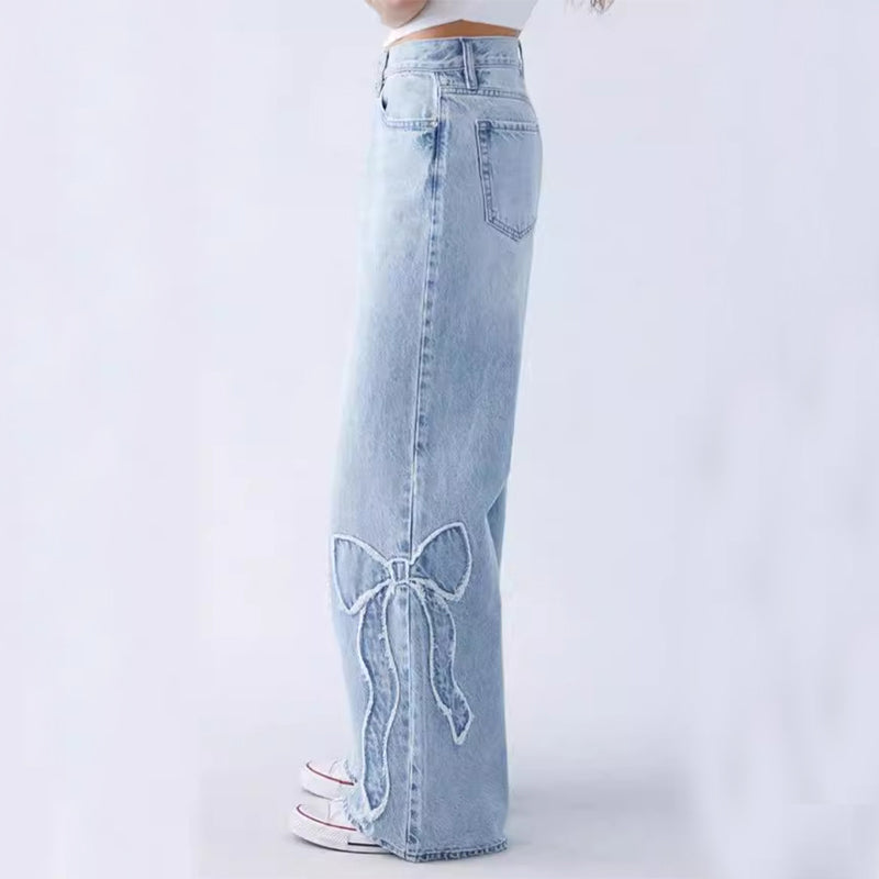 Women’s Butterfly Embroidered Baggy Jeans | Straight Leg Street-Style Trousers | Trendy Side Frayed Denim Pants | Y2K Aesthetic "Hot Girl" Baggy Jeans | 2026 Urban Fashion Wide-Leg Denim