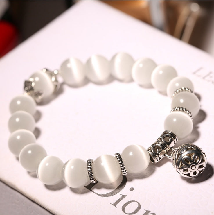 Natural Opal Beads Bracelet for Women | Vintage Stainless Steel Crystal Bracelet | Elegant Iridescent Stone Beaded Wristband | Luxury Boho-Chic Jewelry Gift for Her