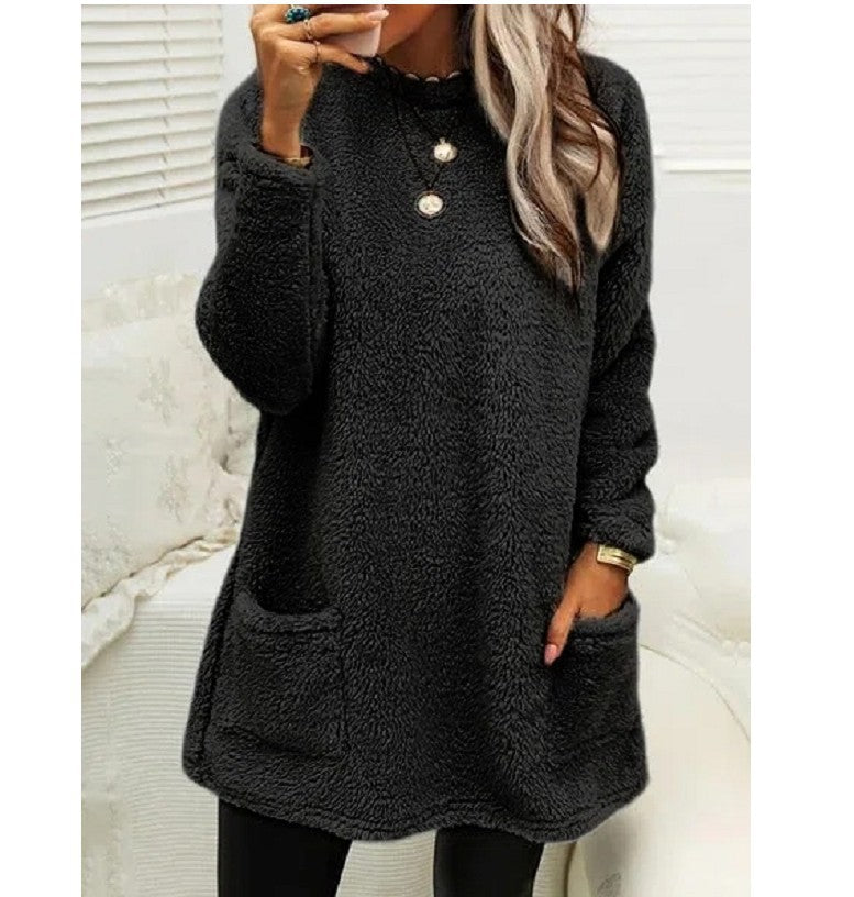 Women’s Plush Fleece Pullover Long Sweater | Winter Warm Thickened Hooded Sweatershirt | Casual Long Sleeve Plush Tops with Pockets | Trendy Loose Fit Hoodie Coat | 2026 Winter Streetwear Outerwear