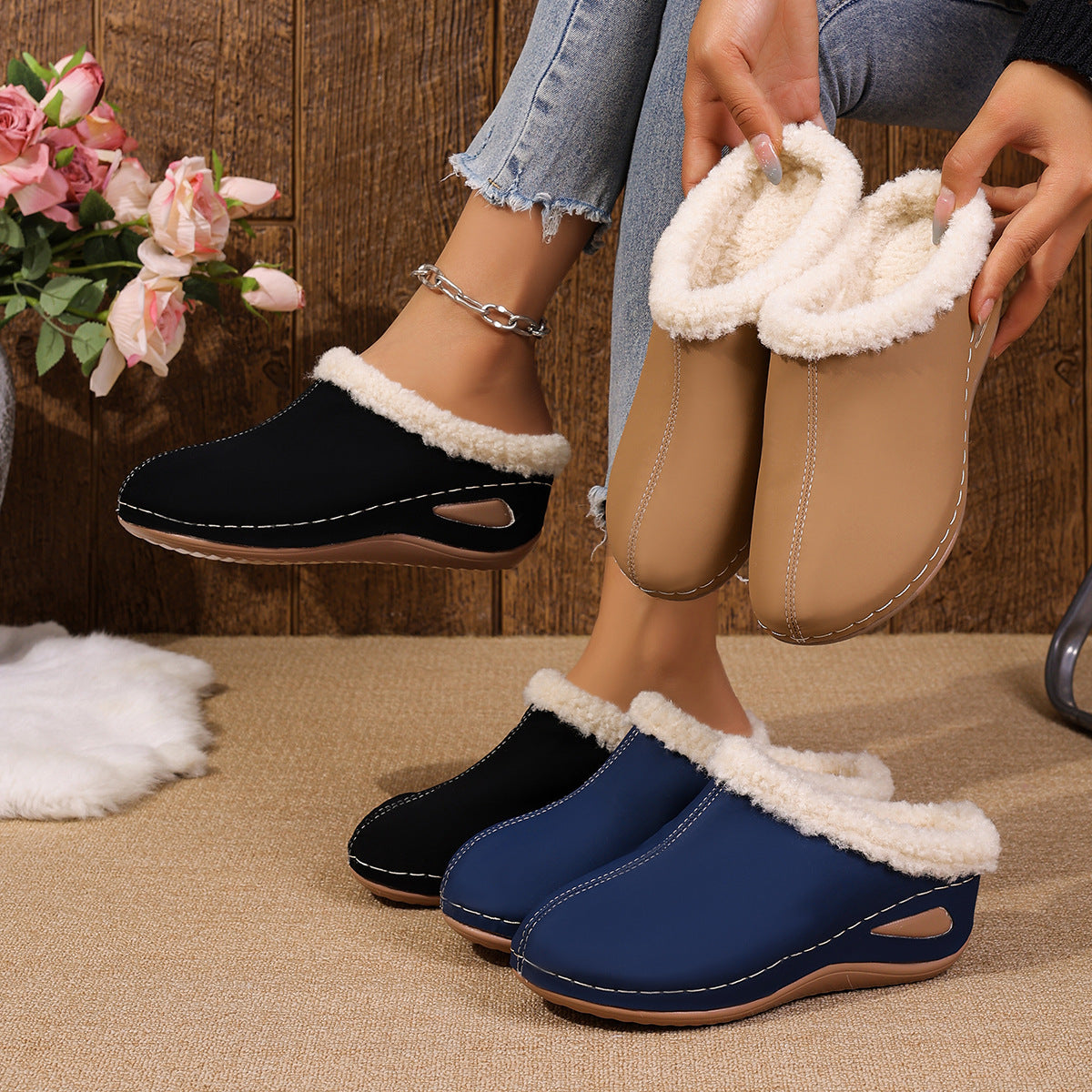 Fashion Plush Outdoor Wedge Sandals | Women’s Warm Garden Clogs & Slippers | Platform Fur-Lined Winter Garden Shoes | Non-Slip Lightweight Comfort Wedges for Women