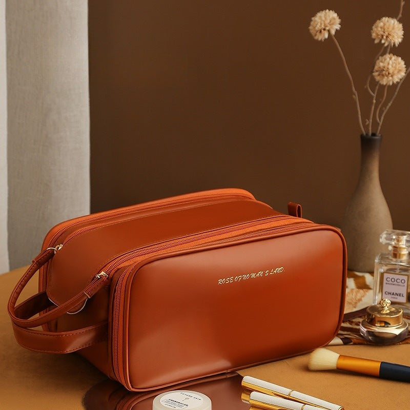Three-Layer Double Zipper U-Shaped Cosmetic Bag | High-Capacity PU Leather Makeup Organizer | Portable Skincare Storage Bag for Women | Luxury Travel Toiletry Kit Pouch | 2026 High-Fashion Waterproof Vanity Box