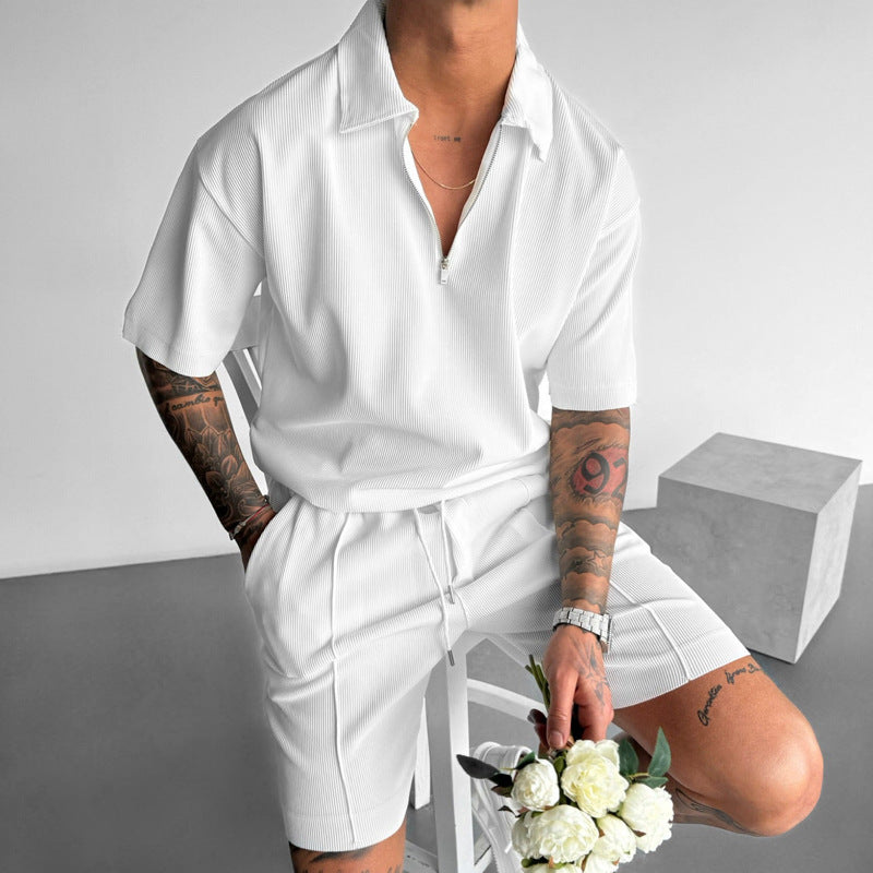 Men’s Summer Zipper Polo & Shorts Set | Casual 2-Piece Short Sleeve Outfit | Trendy Zipper Neck Polo with Drawstring Shorts | High-Sense Athleisure Men’s Set | 2026 High-Fashion Urban Summer Suit