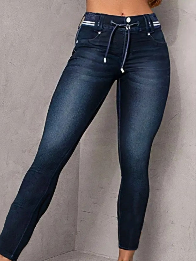 Women’s Athleisure Skinny Jeggings | Mid-Rise Pull-On Denim Jeans with Drawstring Waist | Butt-Lifting Dark Wash Stretch Denim for Women