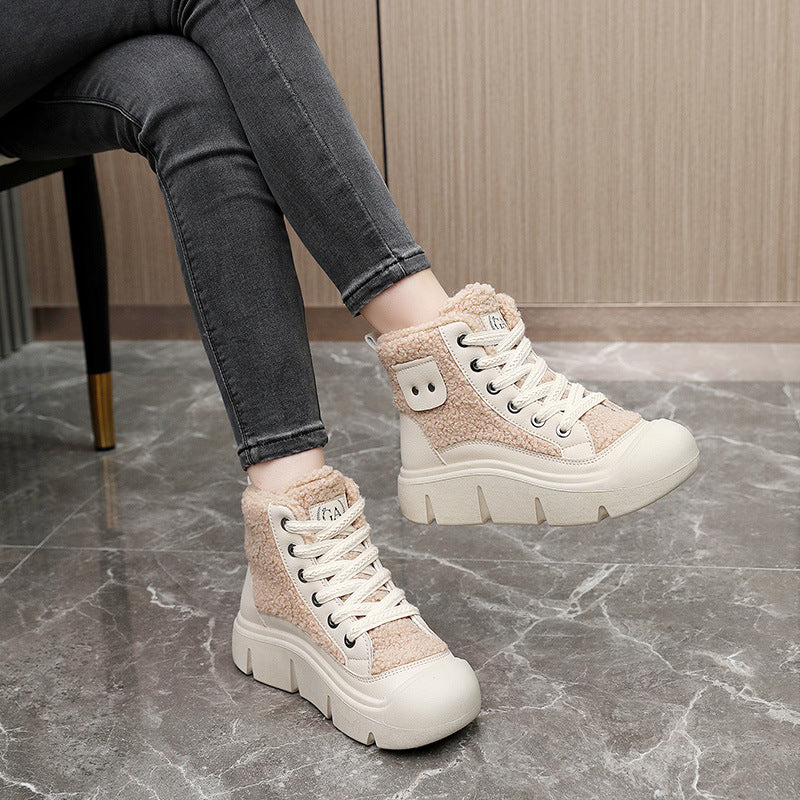 Women’s High-Top Cashmere Snow Boots | Winter Warm Lace-Up Flat Shoes | Height-Increasing Streetwear Winter Boots | Fashionable Campus Style Warm Sneakers