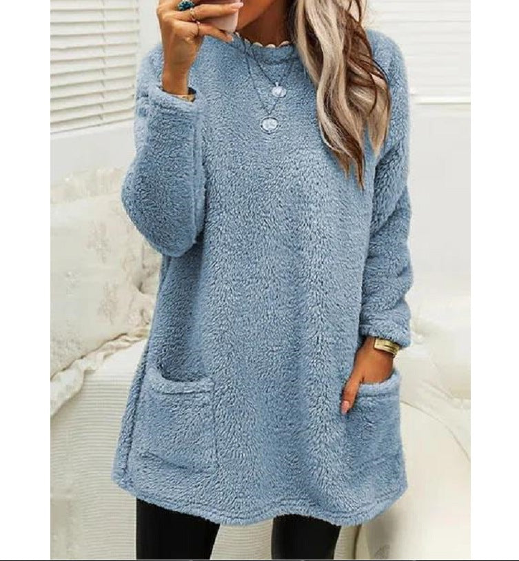 Women’s Plush Fleece Pullover Long Sweater | Winter Warm Thickened Hooded Sweatershirt | Casual Long Sleeve Plush Tops with Pockets | Trendy Loose Fit Hoodie Coat | 2026 Winter Streetwear Outerwear