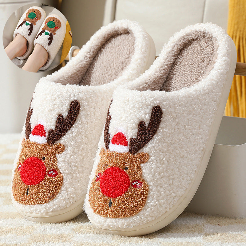 Christmas Elk Winter Home Slippers | Soft Cozy Reindeer Bedroom Shoes | Plush Slip-On House Slippers for Men & Women | Warm Holiday Indoor Footwear