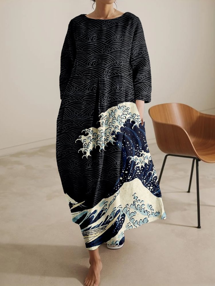 Women’s Relaxed-Fit Crew Neck Printed Midi Dress | High-End Minimalist A-Line Dress | Trendy High-Sense Casual Summer Gown | Elegant Round Neck Printed Midi | 2026 High-Fashion Statuesque Flowing Dress