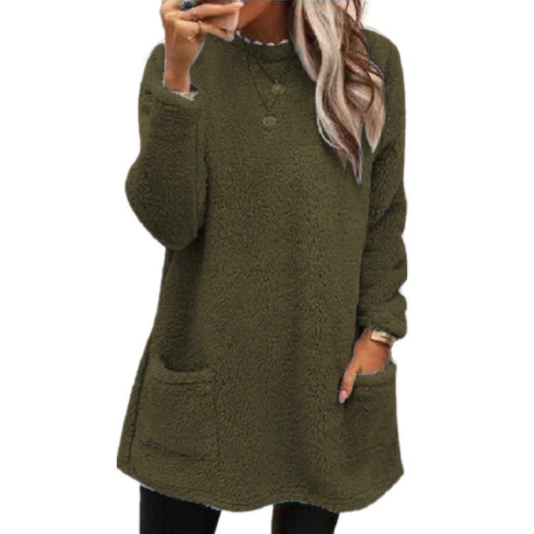 Women’s Plush Fleece Pullover Long Sweater | Winter Warm Thickened Hooded Sweatershirt | Casual Long Sleeve Plush Tops with Pockets | Trendy Loose Fit Hoodie Coat | 2026 Winter Streetwear Outerwear