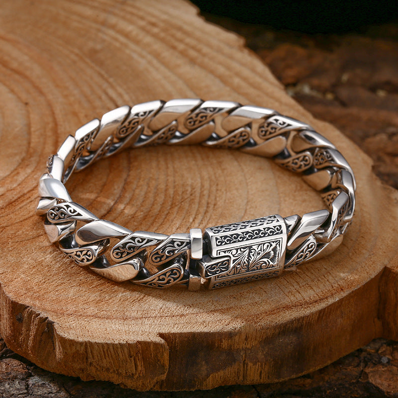 Men's 925 Sterling Silver Cuban Link Bracelet | Vintage Tangcao Pattern Engraved Thick Bracelet | Premium Heavyweight Biker Style Jewelry for Men
