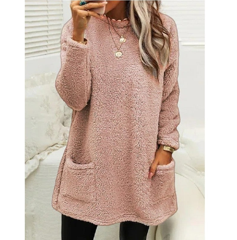 Women’s Plush Fleece Pullover Long Sweater | Winter Warm Thickened Hooded Sweatershirt | Casual Long Sleeve Plush Tops with Pockets | Trendy Loose Fit Hoodie Coat | 2026 Winter Streetwear Outerwear