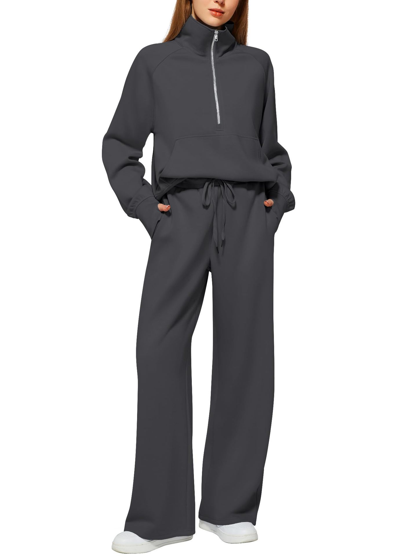 Women’s Half-Zip Sweatshirt & Wide-Leg Pants Set | Casual Solid Color Two-Piece Outfit | Elegant Long Sleeve Sporty Lounge Suit | Trendy High-Waist Wide-Leg Tracksuit | 2026 High-Fashion Athleisure Co-ord Set