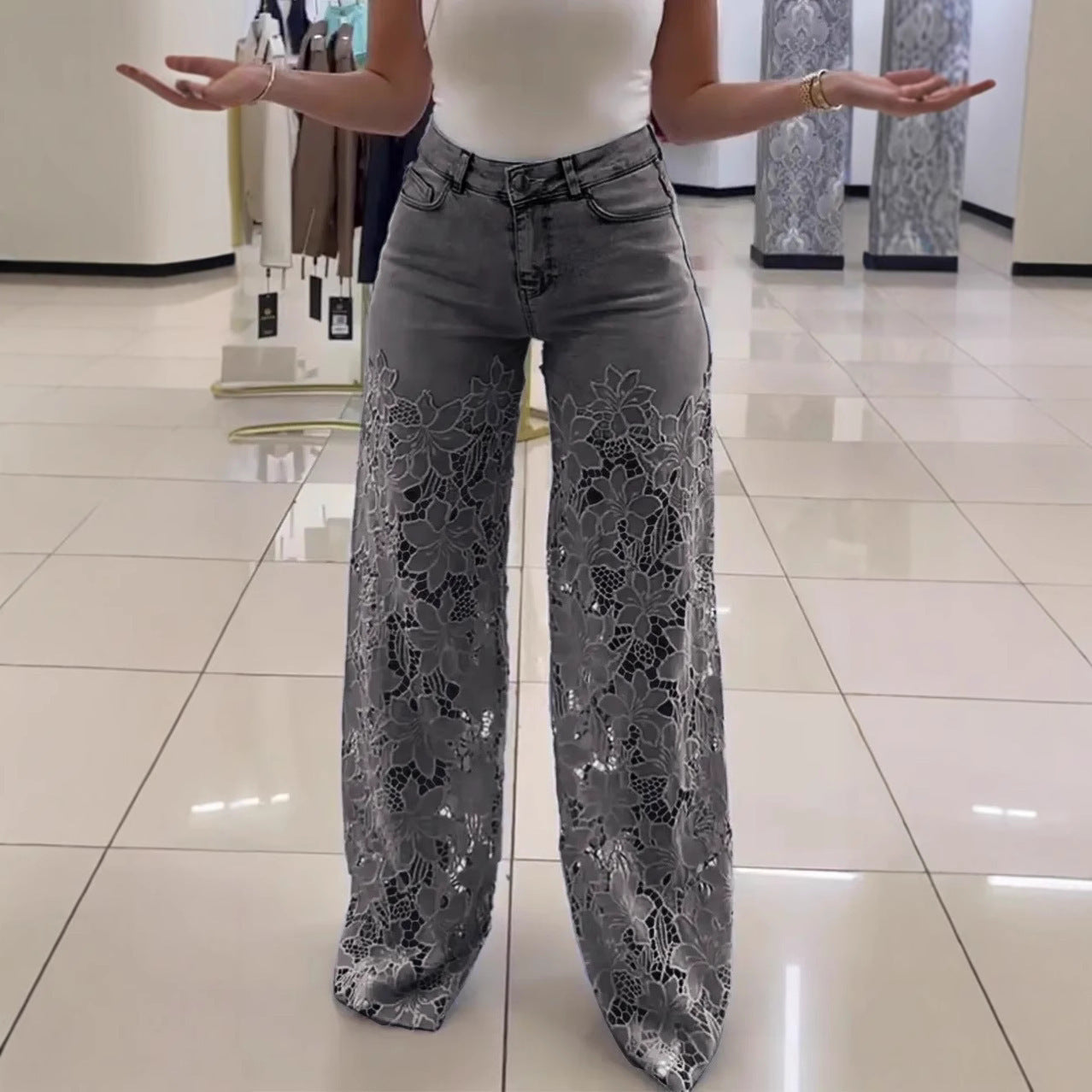 Women’s Y2K Lace Flower Hollow Jeans | High-Waist Straight Wide Leg Pants | Trendy Floral Cut-Out Denim Trousers | Retro Streetwear Wide Leg Jeans for Women | 2026 Fashion Trousers
