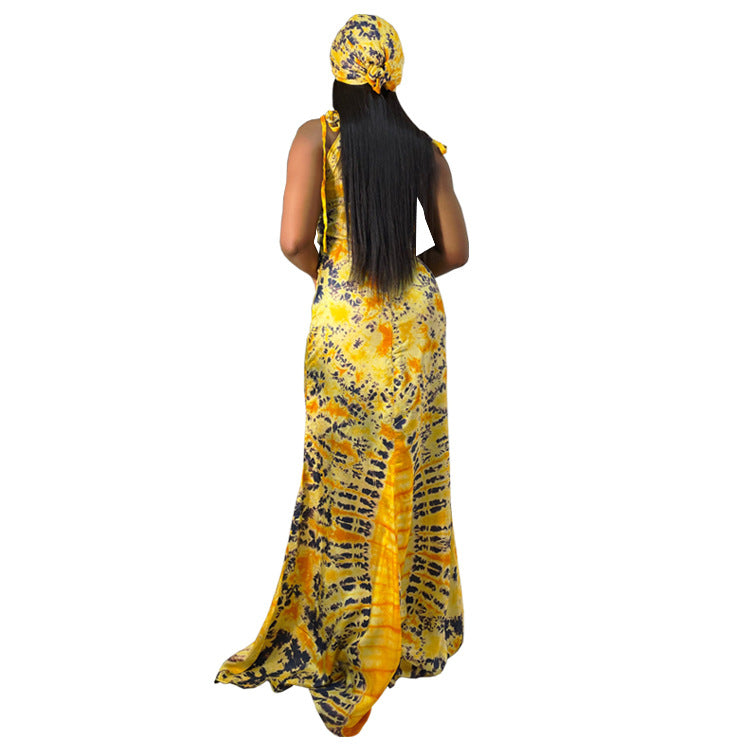 Women’s Fashionable Printed Suspender Dress | Slim-Fit Long Maxi Dress with Matching Scarf | Trendy Floral Print Sleeveless Summer Dress | Elegant Vacation-Ready Long Dress | 2026 Boutique Print Collection