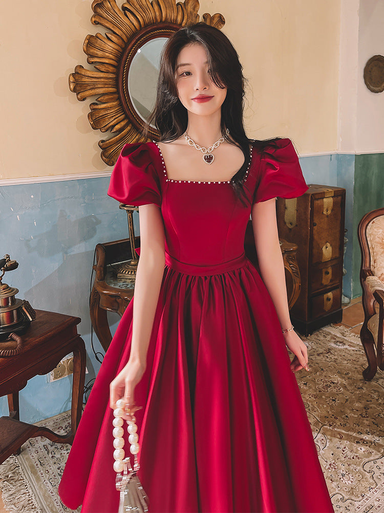 Winter Wine Red Engagement Dress | French Retro "Princess on the Run" Satin Dress | Elegant Long-Sleeve Romantic Evening Gown | Luxury Deep Red Formal Party Dress | 2026 High-Fashion French Aesthetic Gown