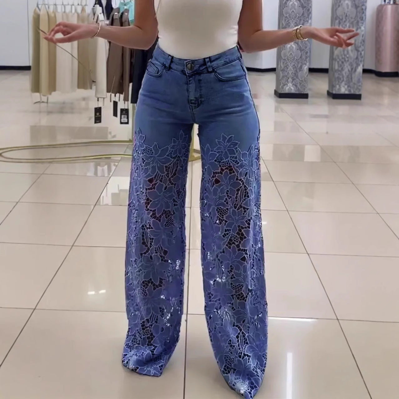 Women’s Y2K Lace Flower Hollow Jeans | High-Waist Straight Wide Leg Pants | Trendy Floral Cut-Out Denim Trousers | Retro Streetwear Wide Leg Jeans for Women | 2026 Fashion Trousers