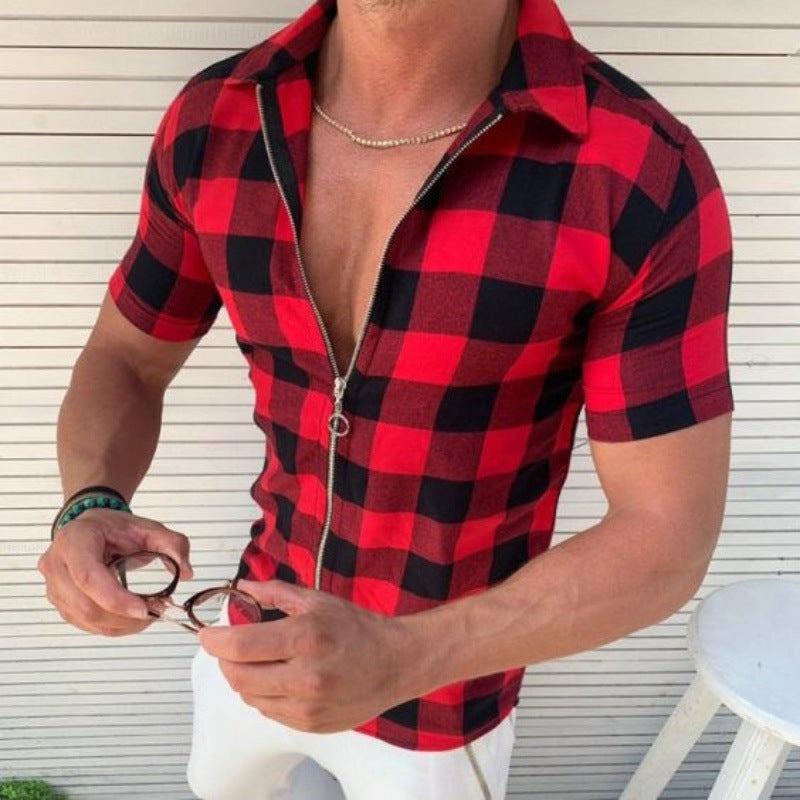 Men’s Plaid Zipper Short-Sleeve T-Shirt | High-Sense Summer Executive Polo | Trendy Minimalist Checkered Casual Shirt | Luxury-Label Urban Men’s Clothing | 2026 High-Fashion Statuesque Streetwear