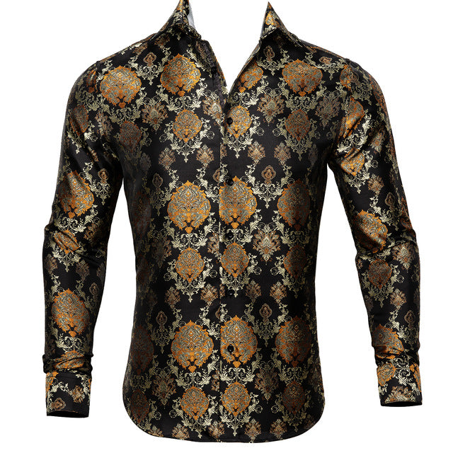 Barry Wang Men's Teal Paisley Floral Silk Shirt | Luxury Long Sleeve Jacquard Designer Dress Shirt | Elegant Floral Autumn Casual Shirt for Men
