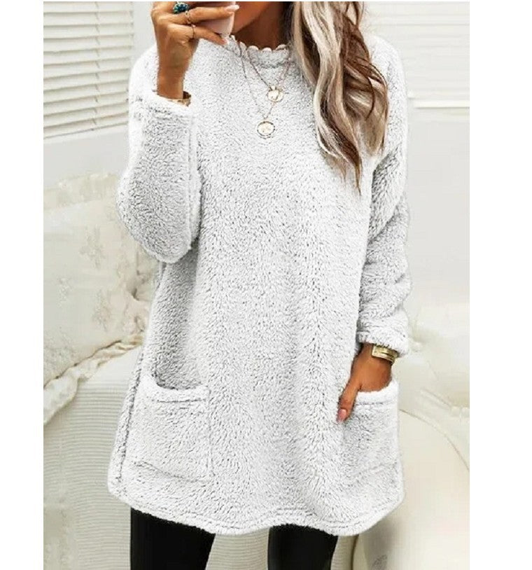 Women’s Plush Fleece Pullover Long Sweater | Winter Warm Thickened Hooded Sweatershirt | Casual Long Sleeve Plush Tops with Pockets | Trendy Loose Fit Hoodie Coat | 2026 Winter Streetwear Outerwear