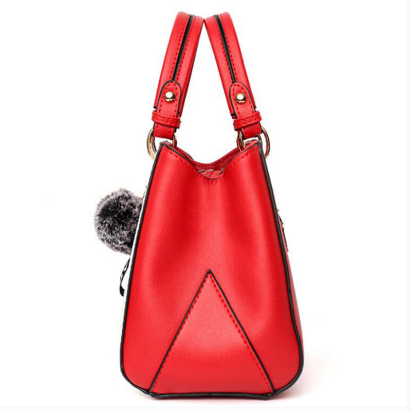 Women’s Patchwork Handbag with Hairball Ornament | Elegant Contrast Crossbody Bag | Luxury Ladies Messenger Shoulder Bag | Trendy Party Purse with Fluffy Charm | 2026 High-Fashion Multi-Texture Tote