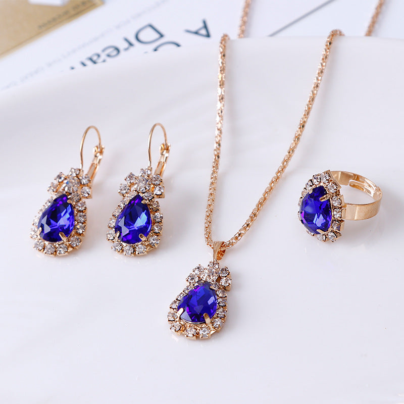 Water Drop Rhinestone Jewelry Set for Women | Elegant Teardrop Necklace, Earrings & Ring Suite | Luxury Crystal Bridal Jewelry Set | Trendy Sparkly Wedding Anniversary Gift | 2026 High-Fashion Evening Party Accessories