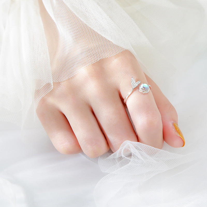 Elegant Fishtail Aurora Moonstone Ring | S925 Sterling Silver Mermaid Tail Ring | Minimalist Iridescent Moonstone Index Finger Ring | Aesthetic Mythical Sea-Inspired Jewelry