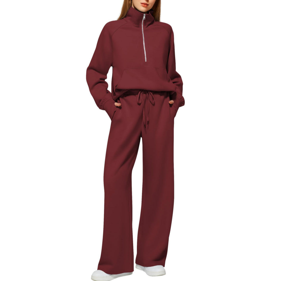 Women’s Half-Zip Sweatshirt & Wide-Leg Pants Set | Casual Solid Color Two-Piece Outfit | Elegant Long Sleeve Sporty Lounge Suit | Trendy High-Waist Wide-Leg Tracksuit | 2026 High-Fashion Athleisure Co-ord Set