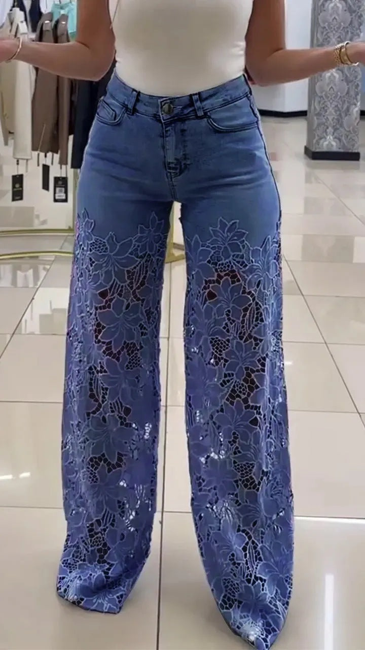 Women’s Y2K Lace Flower Hollow Jeans | High-Waist Straight Wide Leg Pants | Trendy Floral Cut-Out Denim Trousers | Retro Streetwear Wide Leg Jeans for Women | 2026 Fashion Trousers