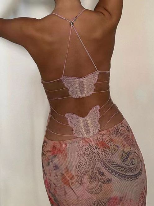 Floral Print Halter Spaghetti Straps Dress Slim Butterfly Back Dressess Spring Summer Womens Clothing
