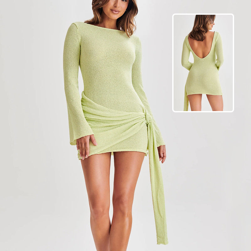 Fashion Slim Long-sleeved Dress Y2K Hip-hugging V-shaped Backless Short Dresses Womens Clothing