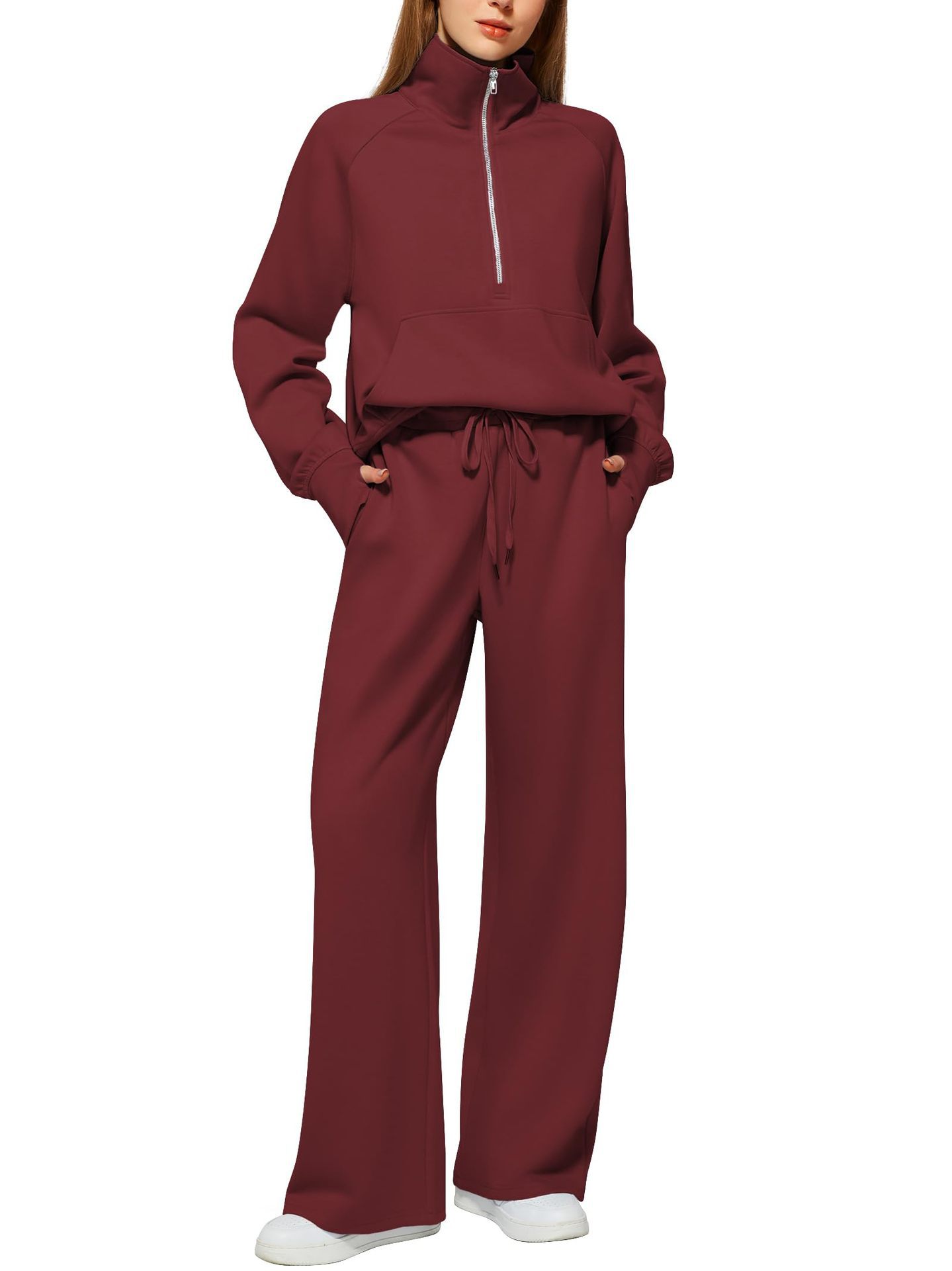 Women’s Half-Zip Sweatshirt & Wide-Leg Pants Set | Casual Solid Color Two-Piece Outfit | Elegant Long Sleeve Sporty Lounge Suit | Trendy High-Waist Wide-Leg Tracksuit | 2026 High-Fashion Athleisure Co-ord Set