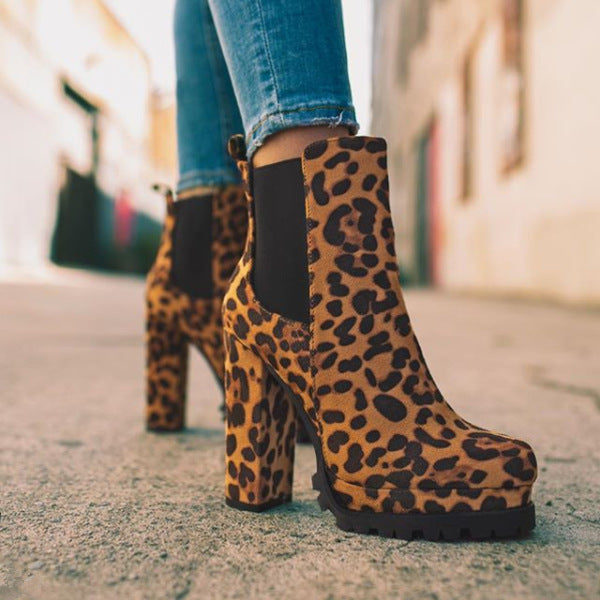 Women’s Round-Toe Ankle Boots | Solid & Leopard Print Suede Boots | High-Sense Thick Square High-Heel Shoes | Trendy Minimalist Autumn Winter Dress Boots | 2026 High-Fashion Chunky Heel Party Boots