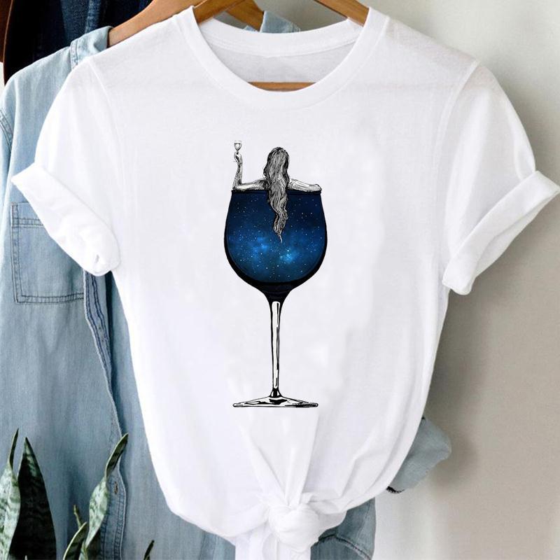 Women’s Artistic Wine Glass Print Casual Tee | Minimalist Graphic Short Sleeve T-Shirt | Trendy Cotton-Blend Summer Top | Fun & Stylish 