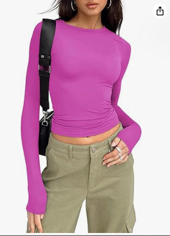 Women’s Fashion Slim-Fit Long-Sleeved Pullover | Elegant Solid Color Casual Fit Shirt | Modern Crew Neck Ribbed Base Layer | Trendy Body-Hugging Autumn Top | 2026 Minimalist Everyday Fashion Staple