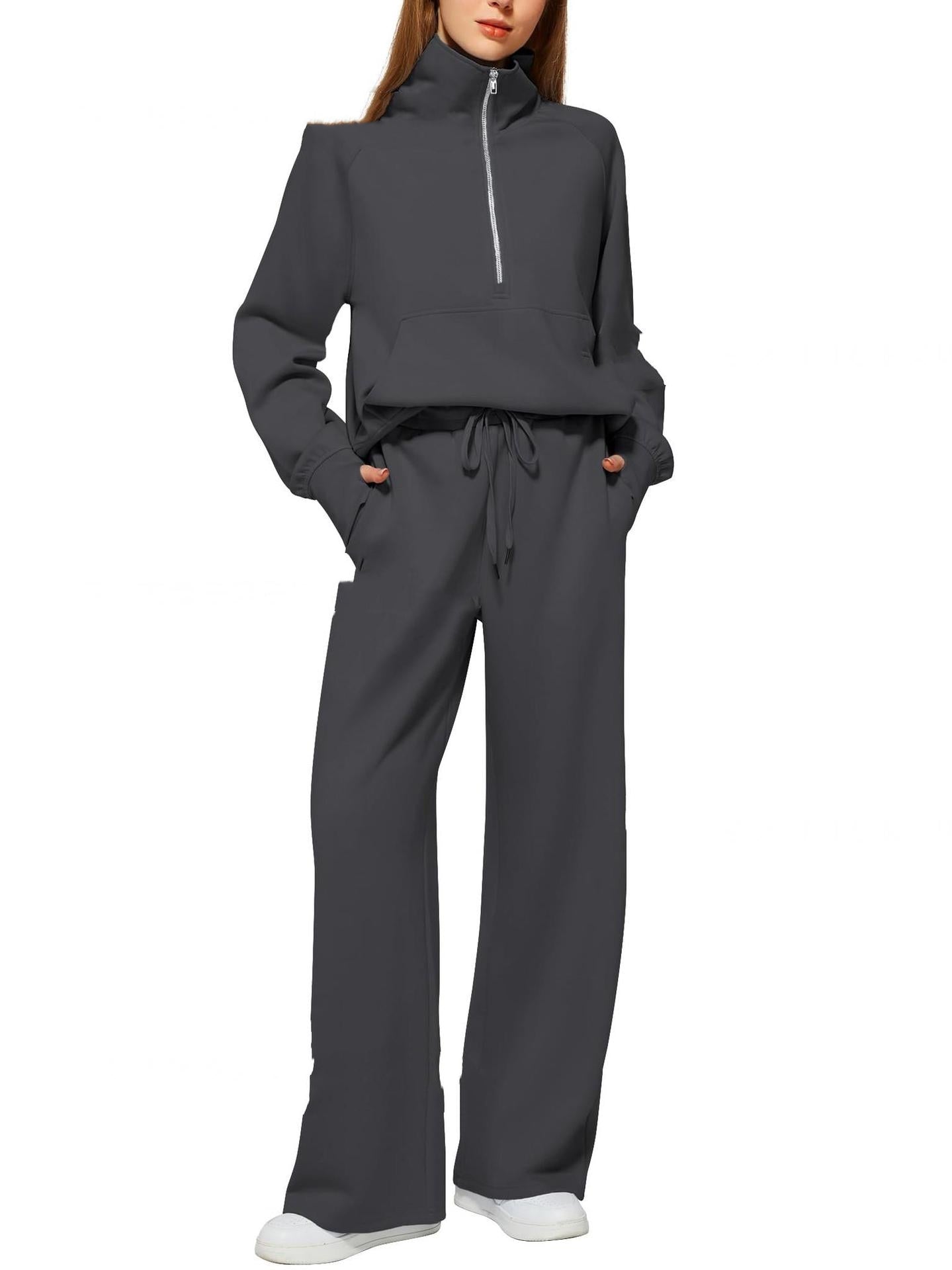 Women’s Half-Zip Sweatshirt & Wide-Leg Pants Set | Casual Solid Color Two-Piece Outfit | Elegant Long Sleeve Sporty Lounge Suit | Trendy High-Waist Wide-Leg Tracksuit | 2026 High-Fashion Athleisure Co-ord Set