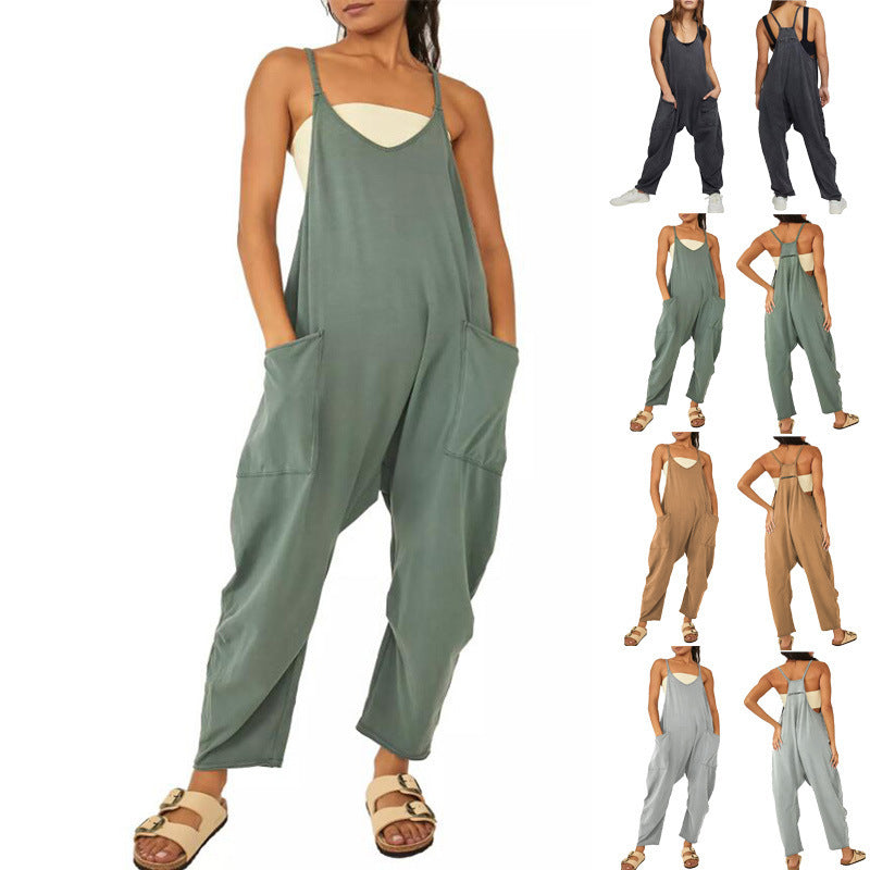 Summer Loose Sleeveless Jumpsuit | High-Sense Spaghetti Strap Long Pant Romper | Trendy Minimalist Wide-Leg Jumpsuit with Pockets & Zipper | Luxury-Label Statuesque Radiant Apparel | 2026 High-Fashion Emerald-Luxe Essential