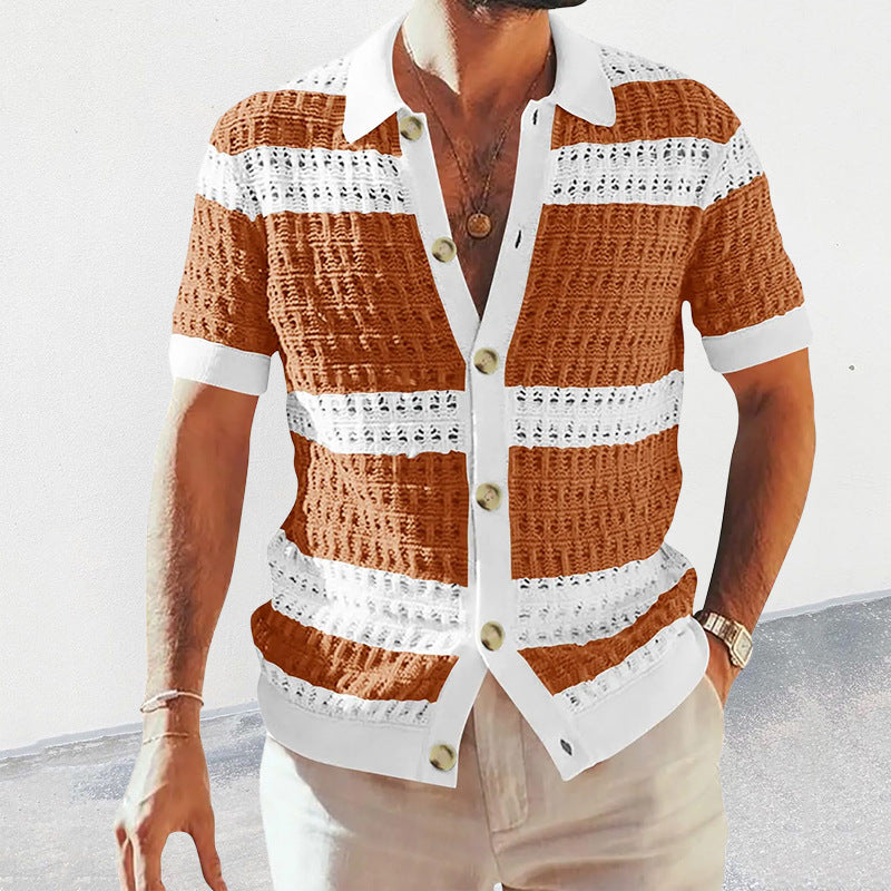 Men’s Luxury Knitted Polo Shirt | Short-Sleeve Hollow Breathable Cardigan | High-Sense Summer Knit Polo with Contrast Piping | Trendy Retro-Style Men’s Knit Top | 2026 High-Fashion Lightweight Summer Cardigan