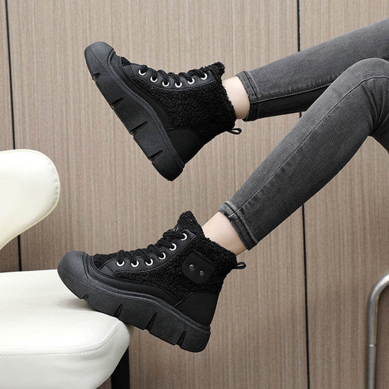 Women’s High-Top Cashmere Snow Boots | Winter Warm Lace-Up Flat Shoes | Height-Increasing Streetwear Winter Boots | Fashionable Campus Style Warm Sneakers