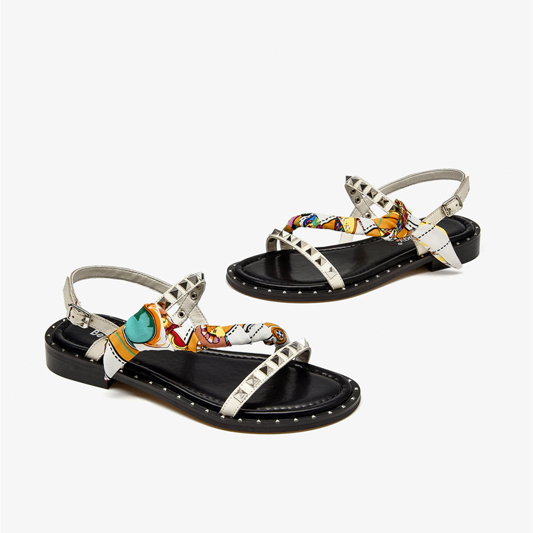 Women’s Studded Leather French Niche Flat Sandals | Elegant Rivet Detail Summer Slides | Chic Open-Toe Parisian Style Flats | Premium Leather Designer Inspired Sandals | 2026 Trendy Casual Luxury Footwear