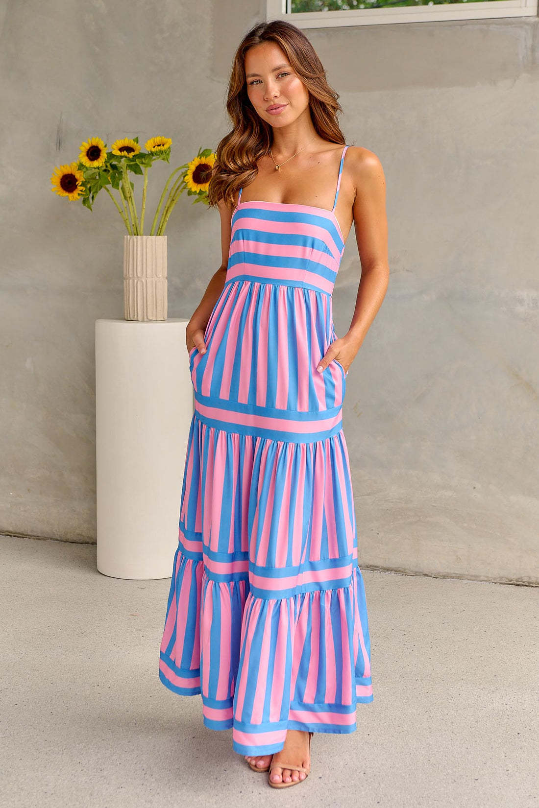 Summer Striped Suspender Maxi Dress | High-Sense Backless Beach Vacation Gown | Trendy Minimalist Square Neck Dress with Pockets | Luxury-Label Statuesque Radiant Apparel | 2026 High-Fashion Emerald-Luxe Essential