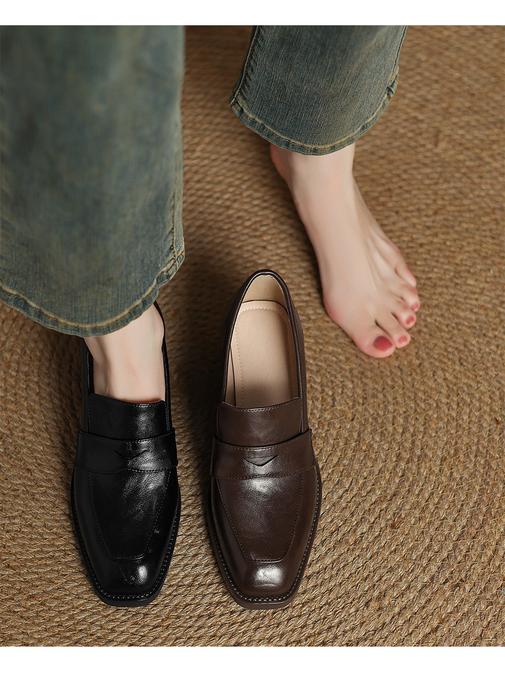 Women’s Retro Square-Toe Chunky Heel Loafers | Elegant Deep-Mouth Block Heel Pumps | Professional Vintage Office Shoes for Women | Comfortable High-Sense Leather Style Slip-Ons