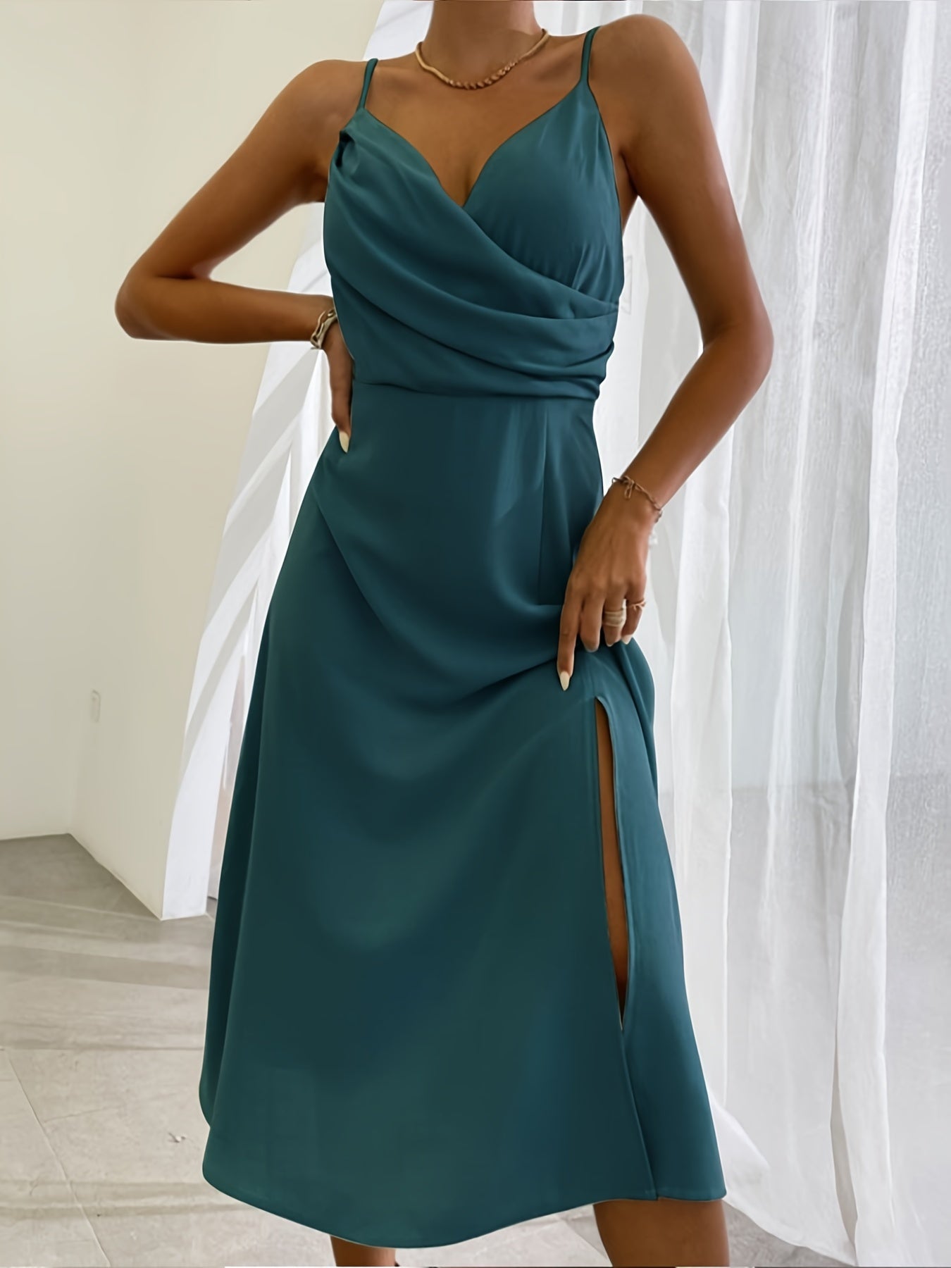 Women’s V-Neck Slit Sling Dress |Slim Suspender Summer Dress | Elegant Backless Side-Slit Maxi Dress | Trendy Minimalist Spaghetti Strap Sun Dress | 2026 High-Fashion Vacation & Party Wear