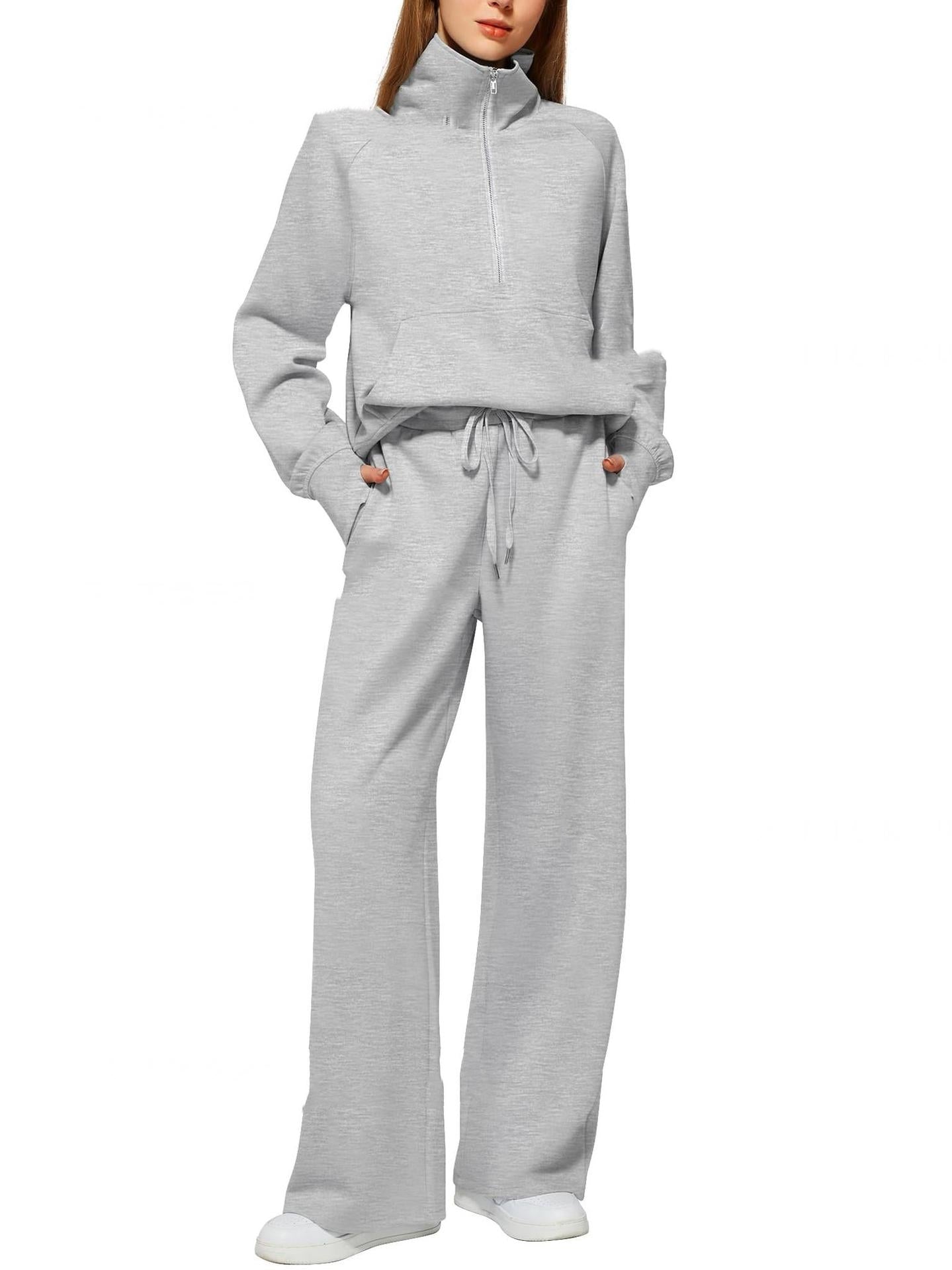 Women’s Half-Zip Sweatshirt & Wide-Leg Pants Set | Casual Solid Color Two-Piece Outfit | Elegant Long Sleeve Sporty Lounge Suit | Trendy High-Waist Wide-Leg Tracksuit | 2026 High-Fashion Athleisure Co-ord Set